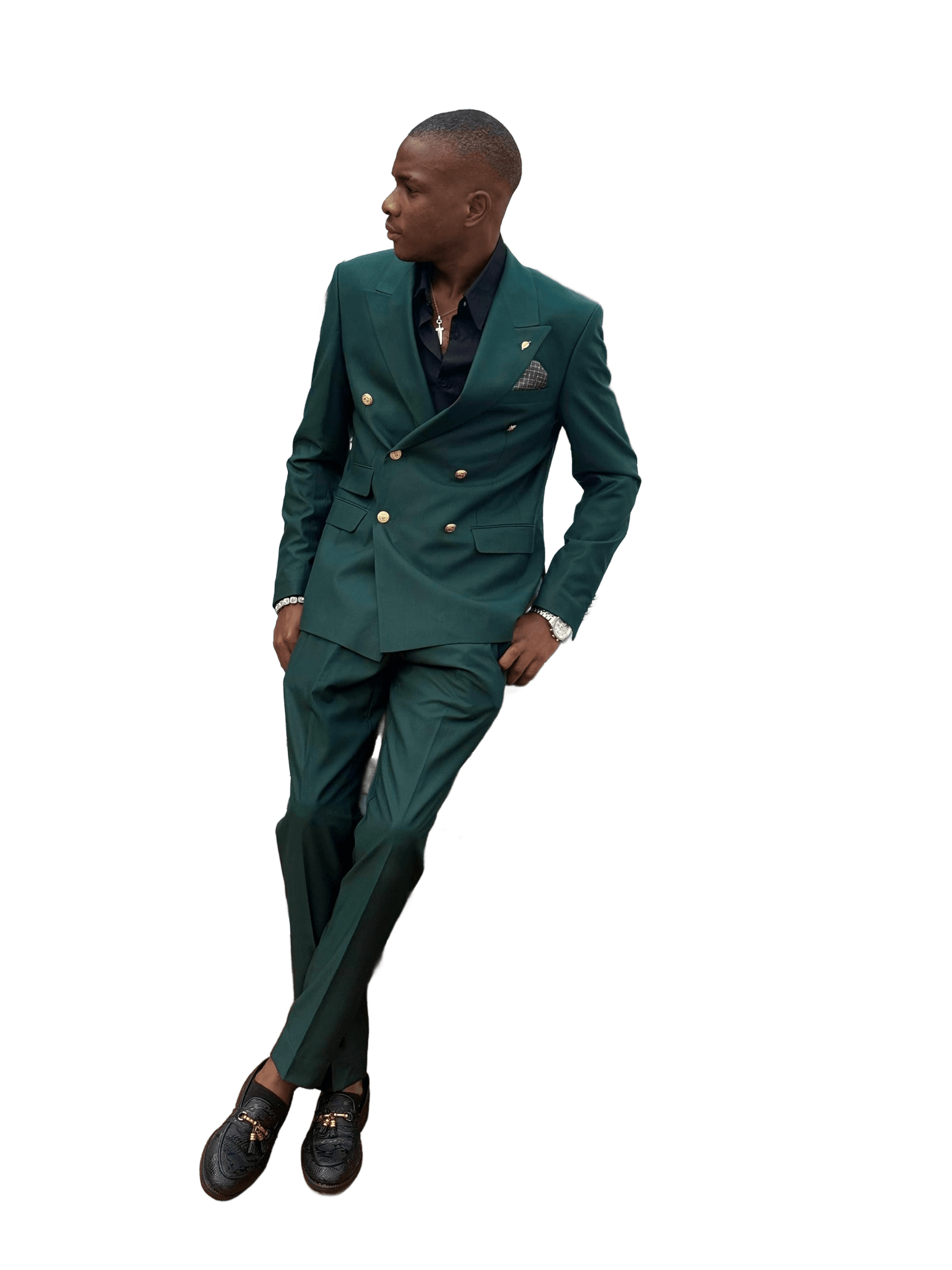 Jordan Nwabuike in a green double-breasted suit